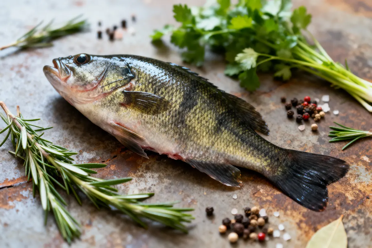 Poisson frais avec herbes aromatiques, épices et coriandre sur une surface de cuisine rustique.