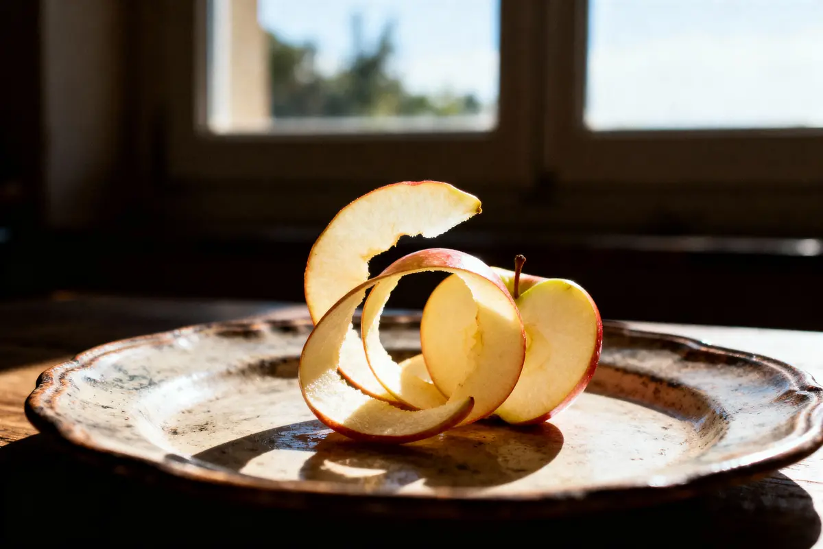 Pomme épluchée sur assiette, éclairée par la lumière naturelle près d'une fenêtre.