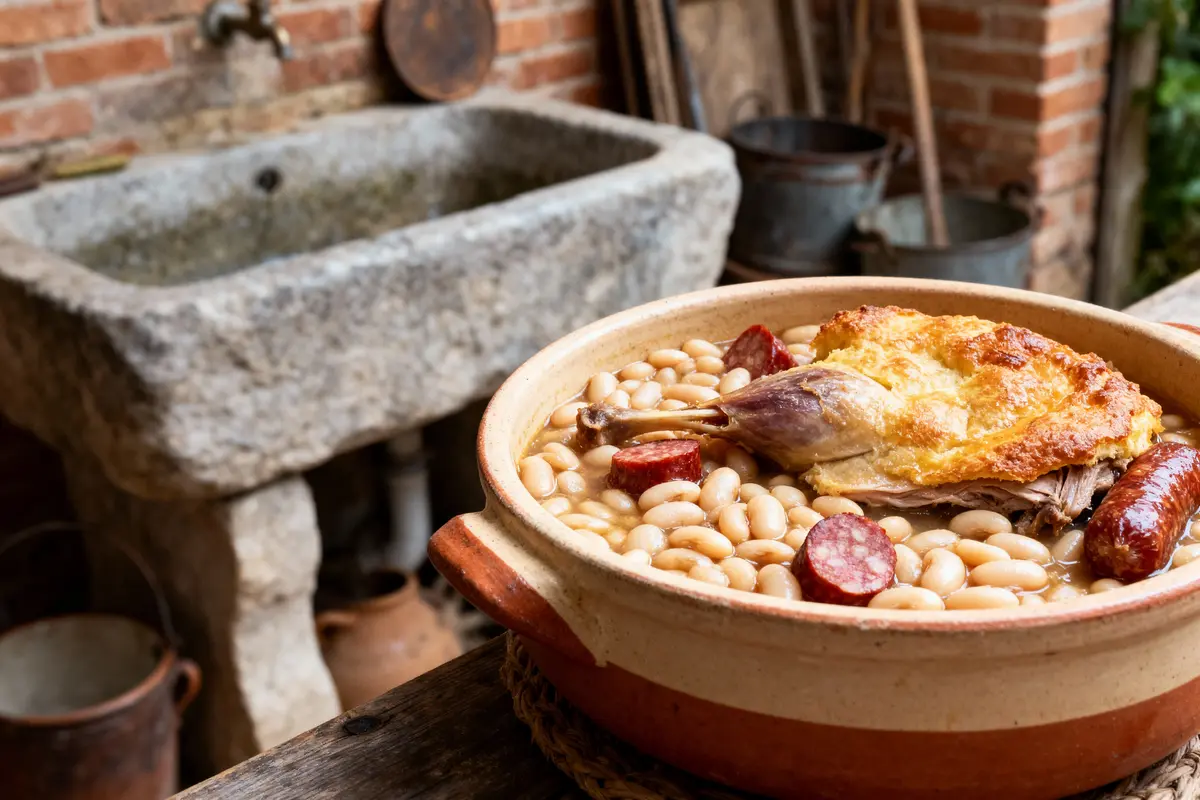 Plat de cassoulet avec viande et saucisses, devant un évier en pierre rustique en arrière-plan.
