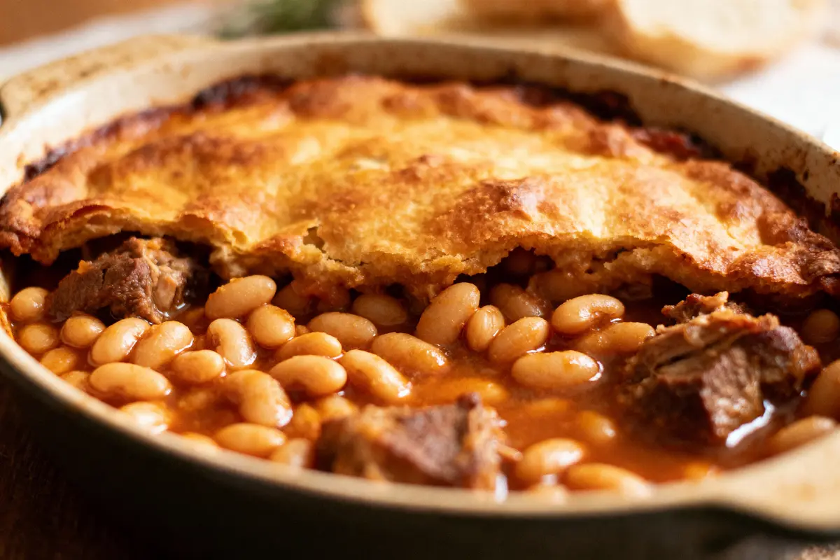 Plat de cassoulet au four, avec haricots blancs, viandes et croûte dorée.