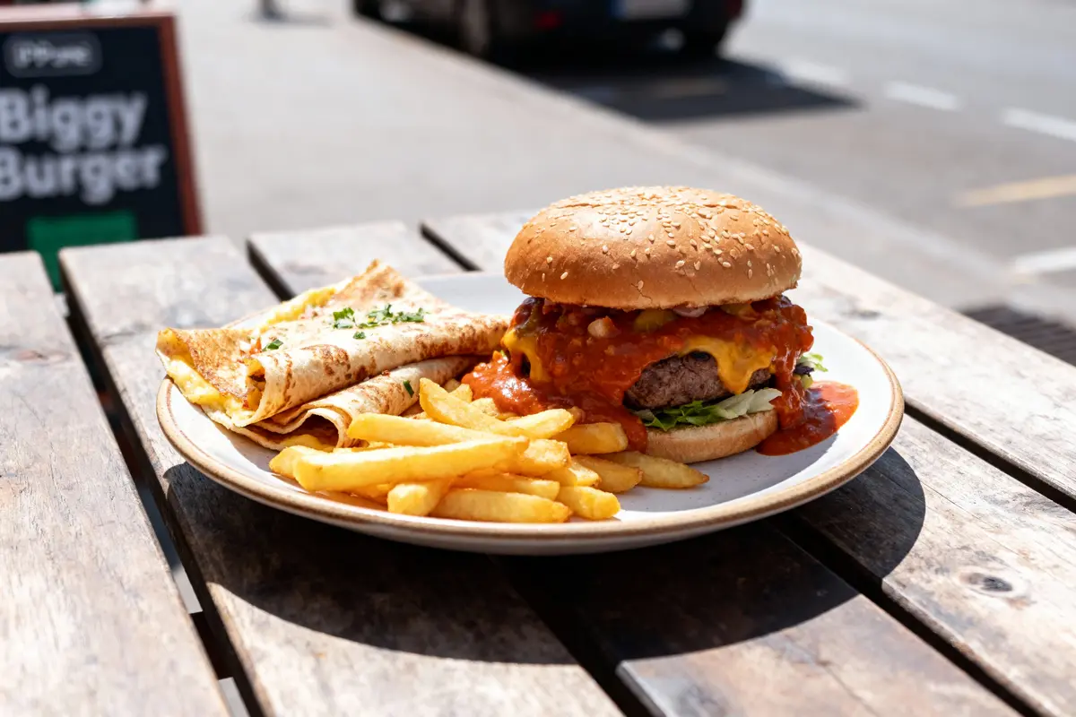 Assiette avec burger, accompagnée de frites et crêpes, sur une table en bois, extérieur.