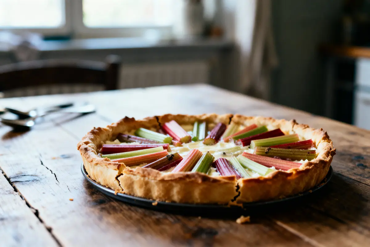 Tarte au rhubarbe colorée sur table en bois, lumière naturelle provenant de la fenêtre en arrière-plan.