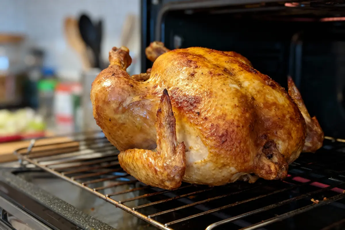 Poulet rôti doré sur une grille de four, prêt à être servi, cuisine en arrière-plan.