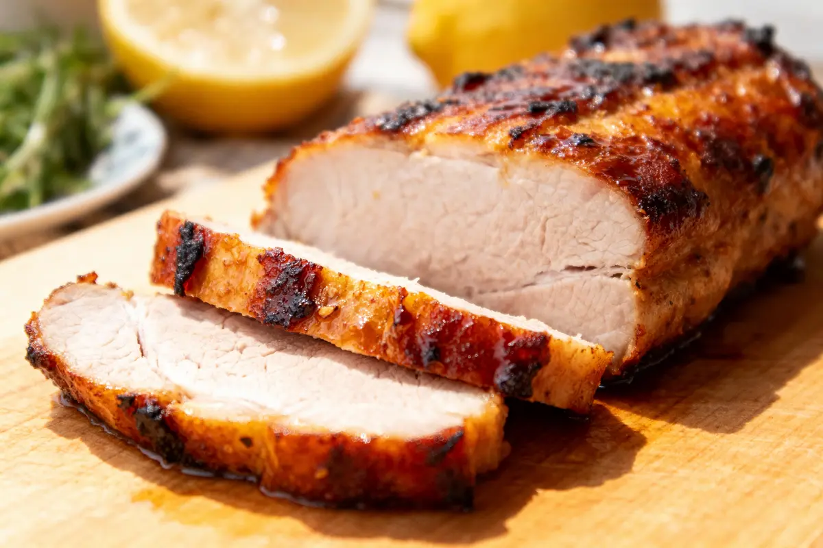 Rôti de porc grillé tranché sur planche, avec citron en arrière-plan.
