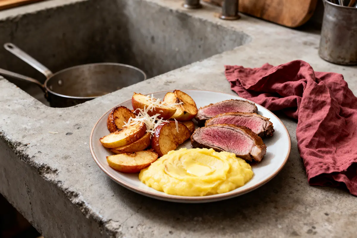 Assiette de viande saignante, pommes de terre rôties, purée, plan de travail béton, serviette rouge.