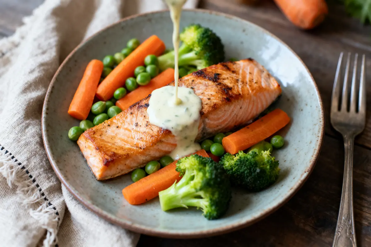 Saumon grillé avec sauce crémeuse, carottes, brocoli et petits pois sur assiette, fourchette à côté.