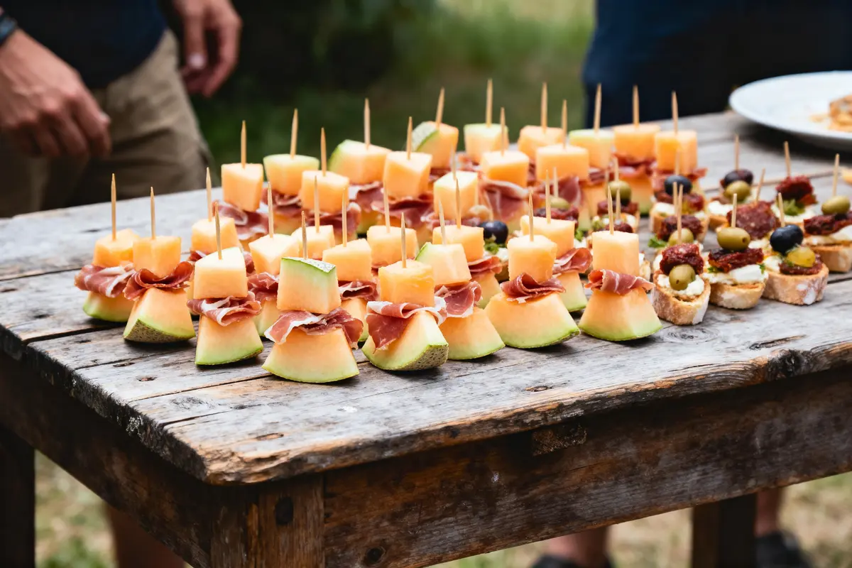 Brochettes de melon et jambon sur table en bois, avec canapés et convives en arrière-plan.