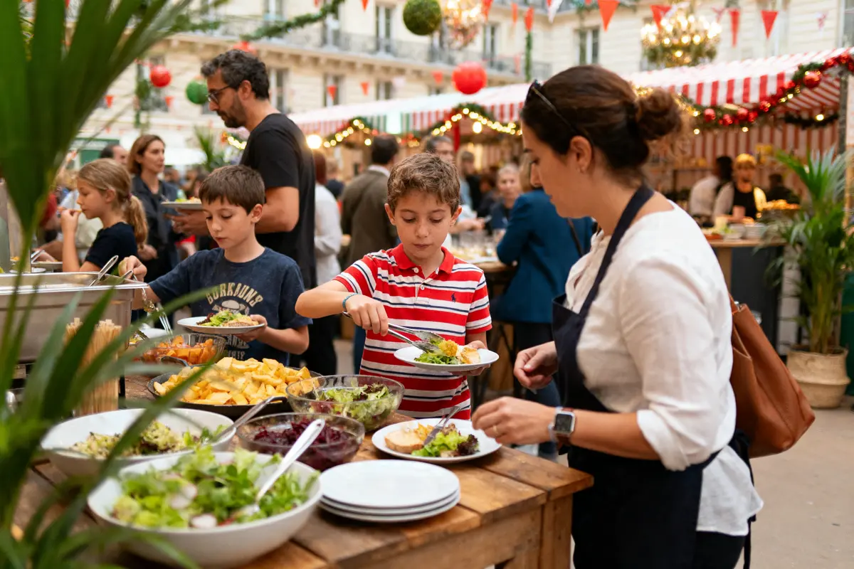 Des personnes choisissent des plats à un buffet coloré lors d'une fête animée en extérieur.