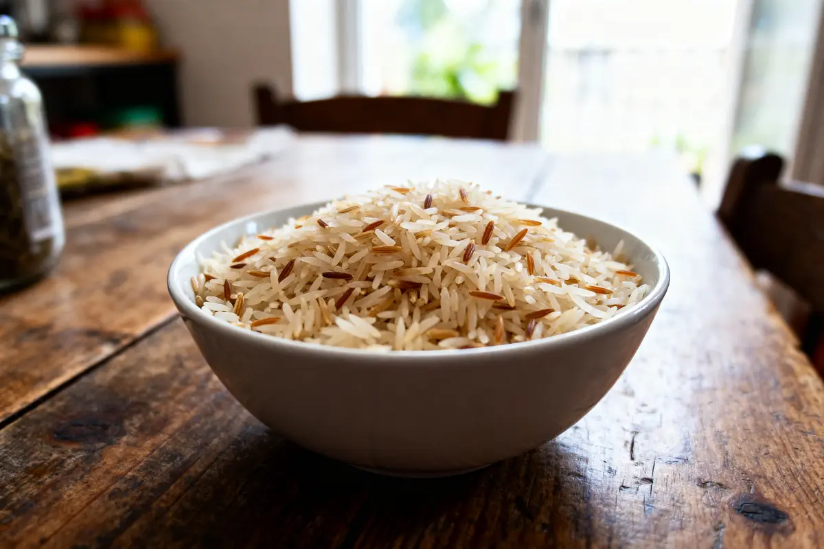 Bol de riz basmati sur une table en bois, intérieur lumineux flou en arrière-plan.