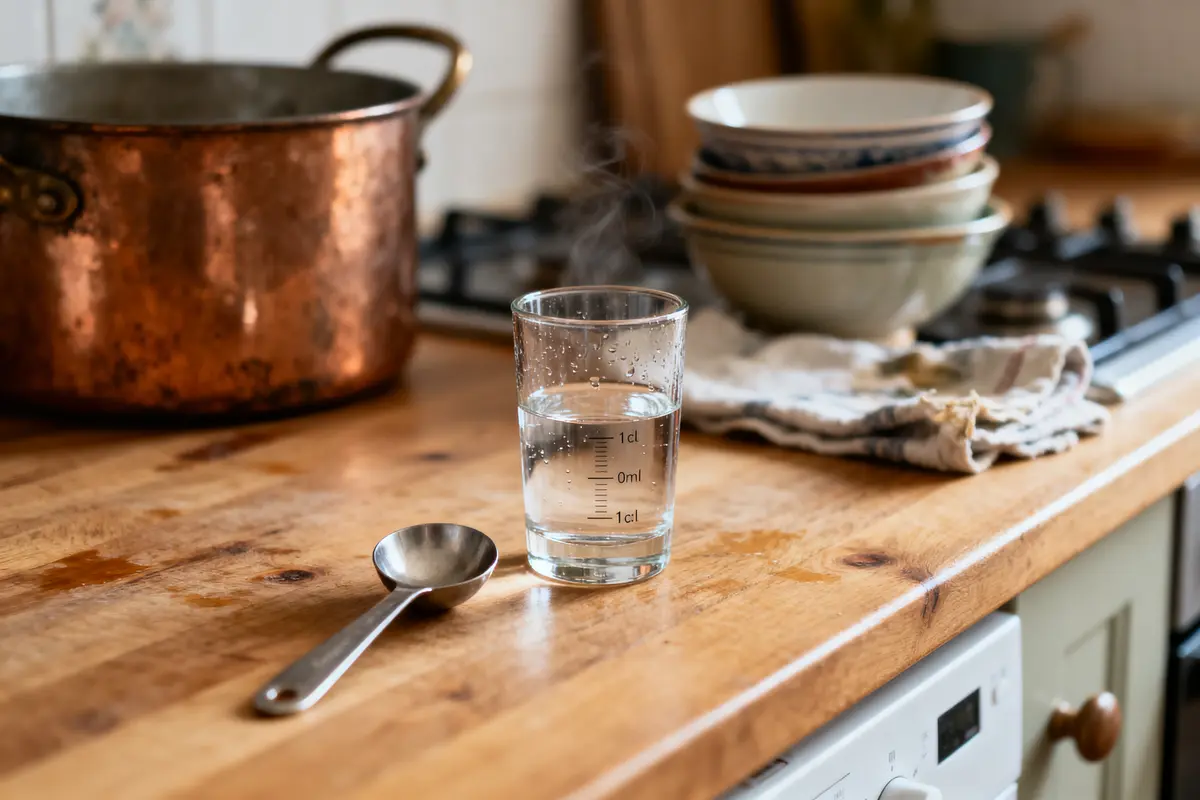 Verre d'eau, vapeur, louche, plan de travail en bois, cuisine; casserole cuivre et bols empilés.