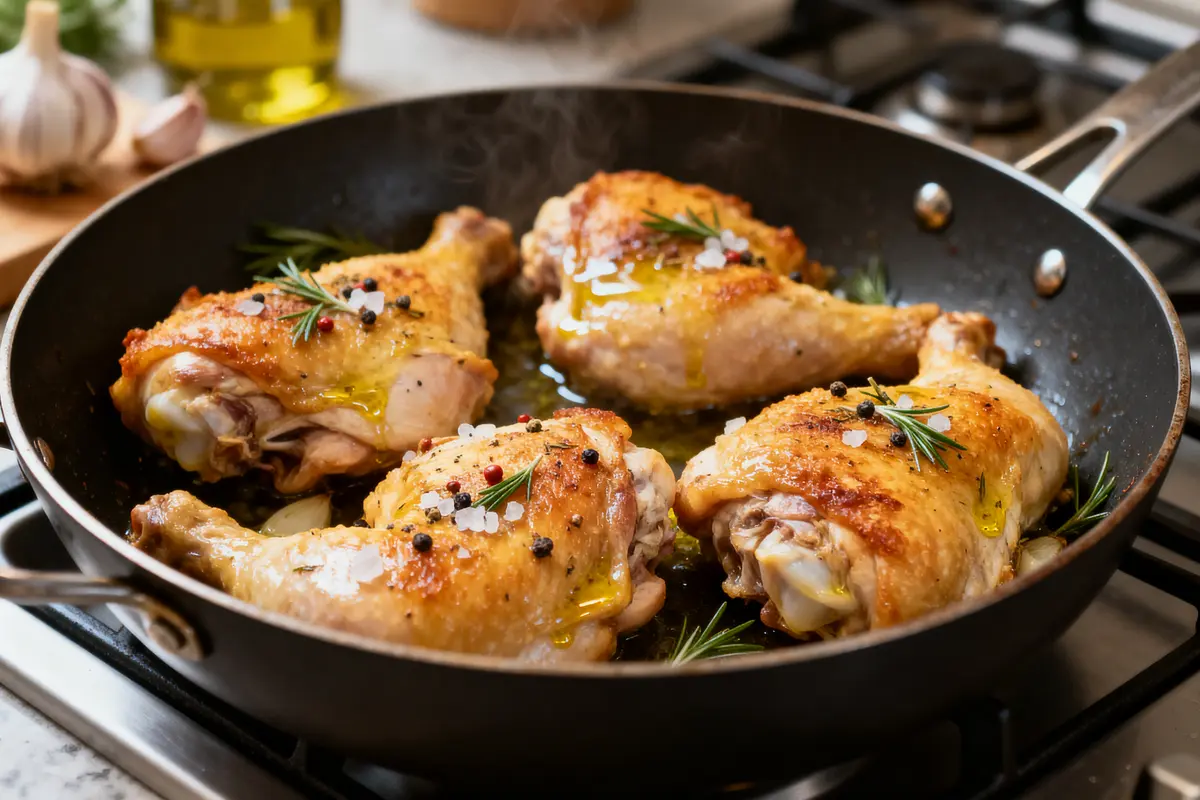 Cuisses de poulet grillées dans une poêle, garnies de romarin, gros sel et poivre noir, sur une cuisinière.