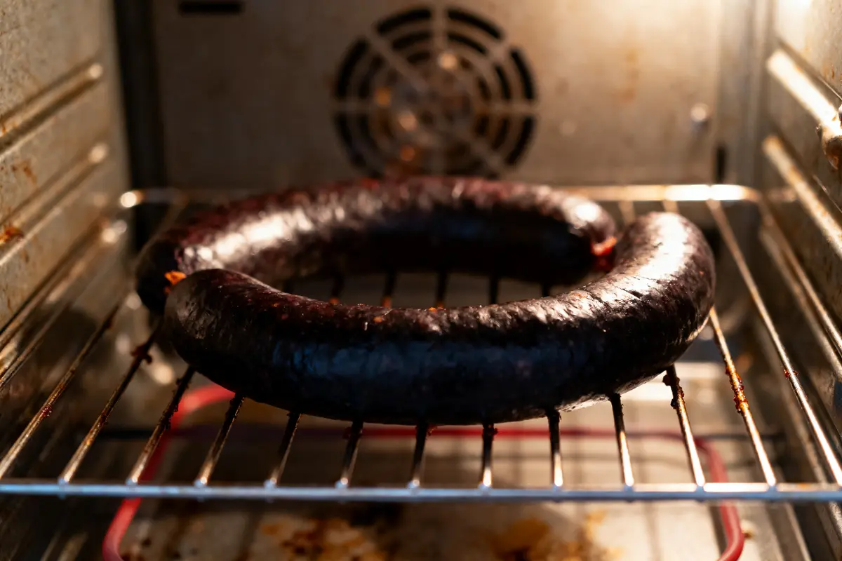 Saucisse noire en cuisson dans un four, sur une grille métallique, chaleur dorée environnante.