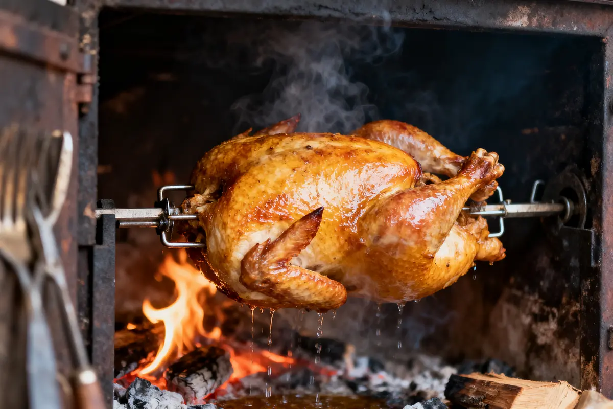 Poulet rôti sur une broche, cuisson au feu de bois, avec flammes et jus qui coule.