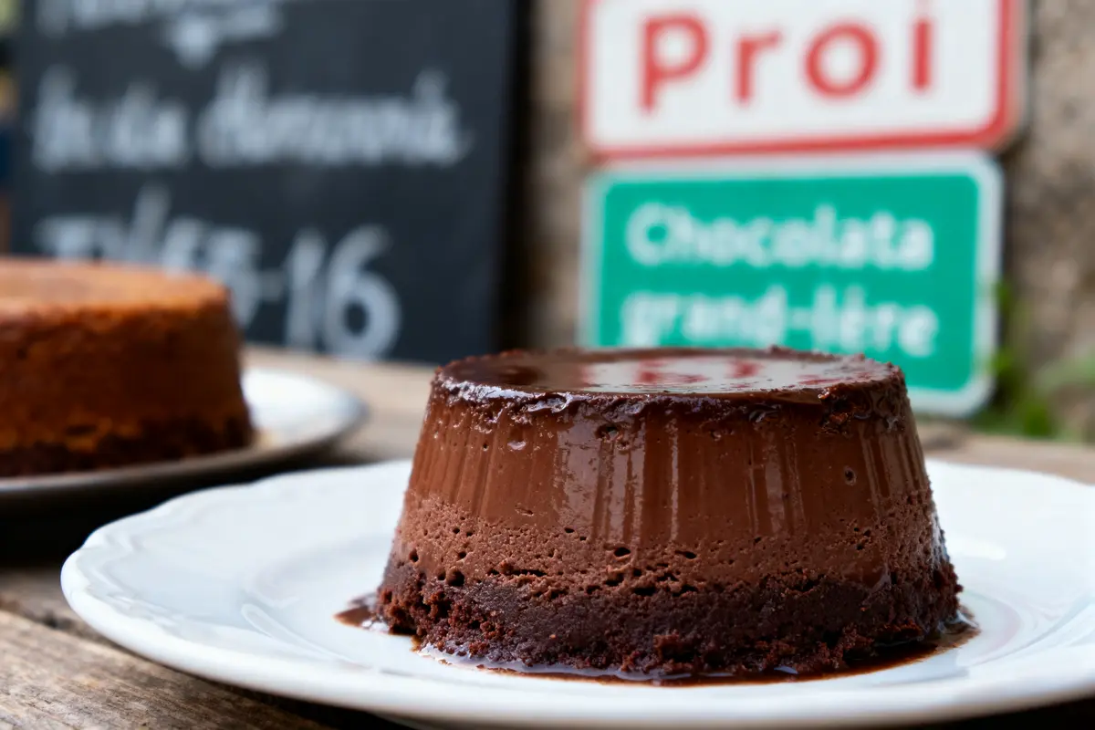 Dessert au chocolat servi sur une assiette blanche, en arrière-plan une ardoise et une pancarte colorée.