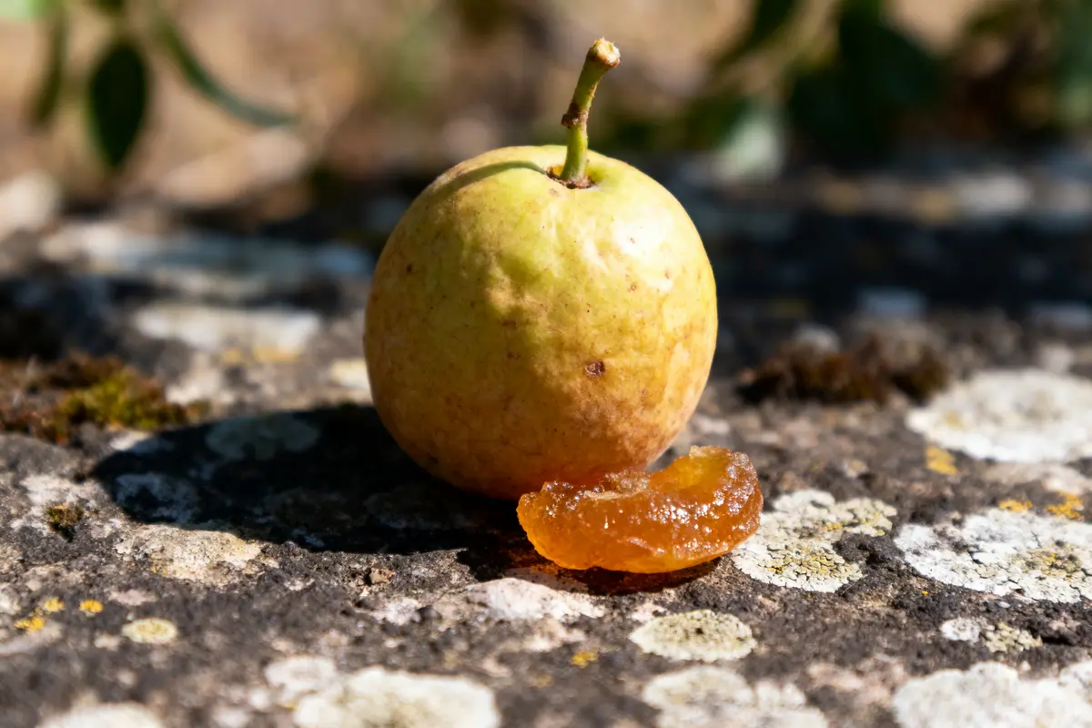 Petite pomme sur pierre, accompagnée d'une tranche de pâte de fruit orange, éclairée par le soleil.