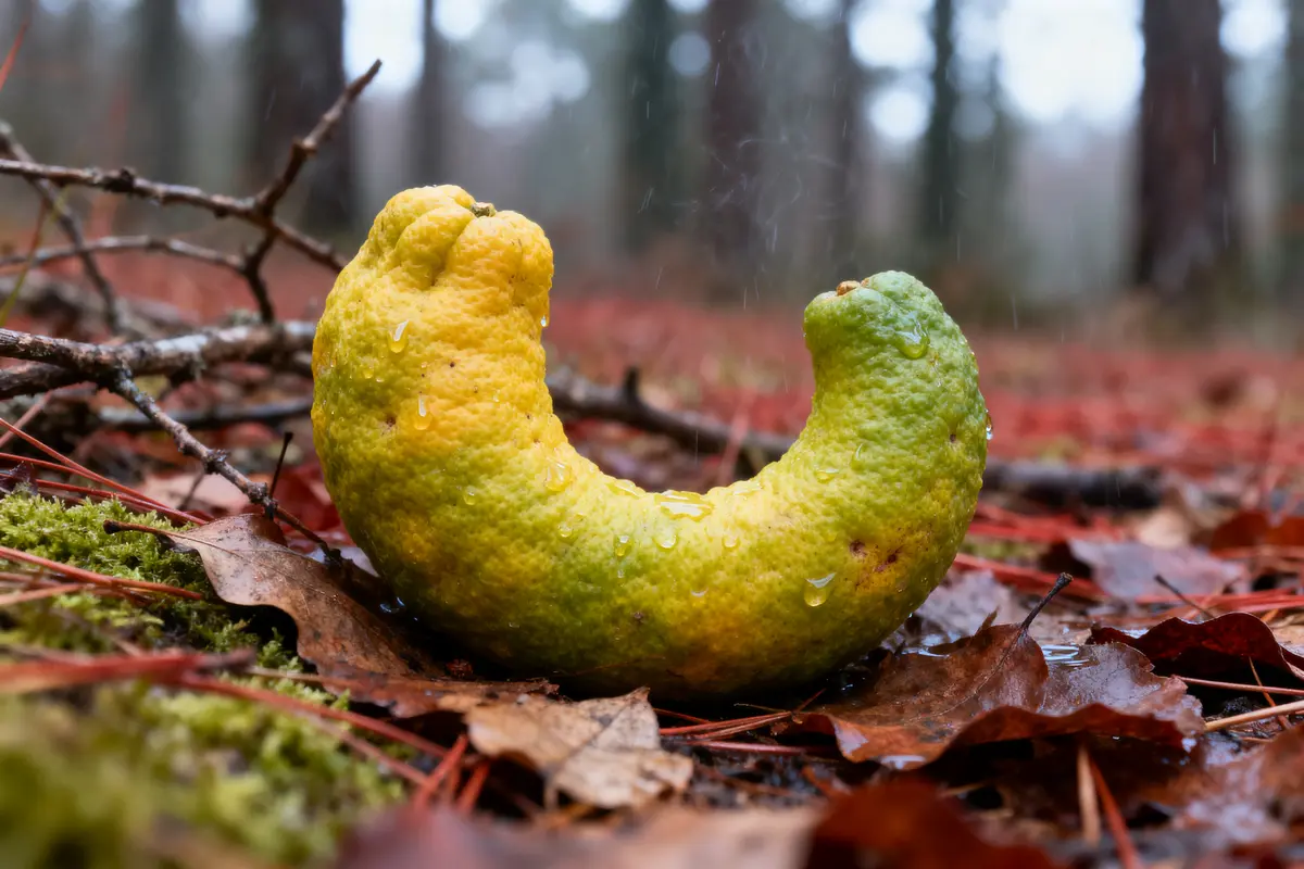 Curieux citron croissant sur un sol forestier humide, entouré de feuilles mortes et de mousse.