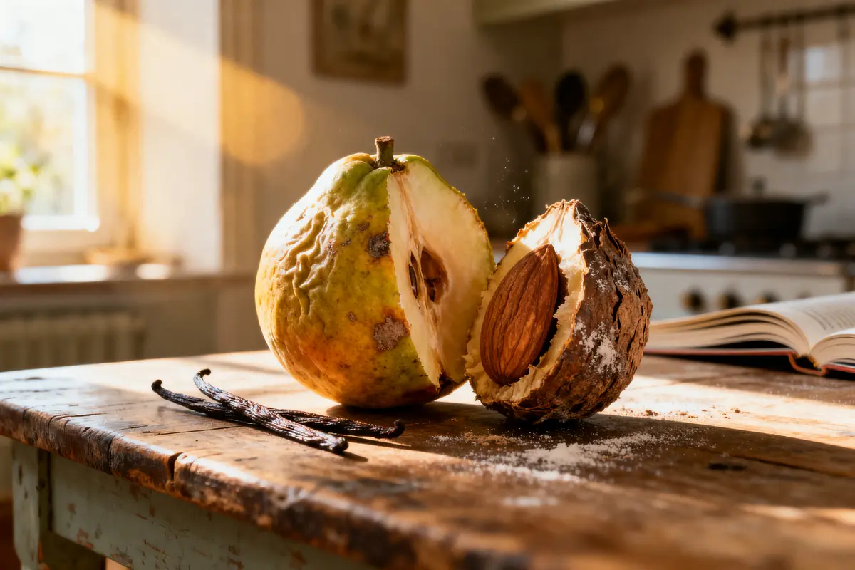 Un coing sec ouvert avec vanille sur table en bois, cuisine en arrière-plan.