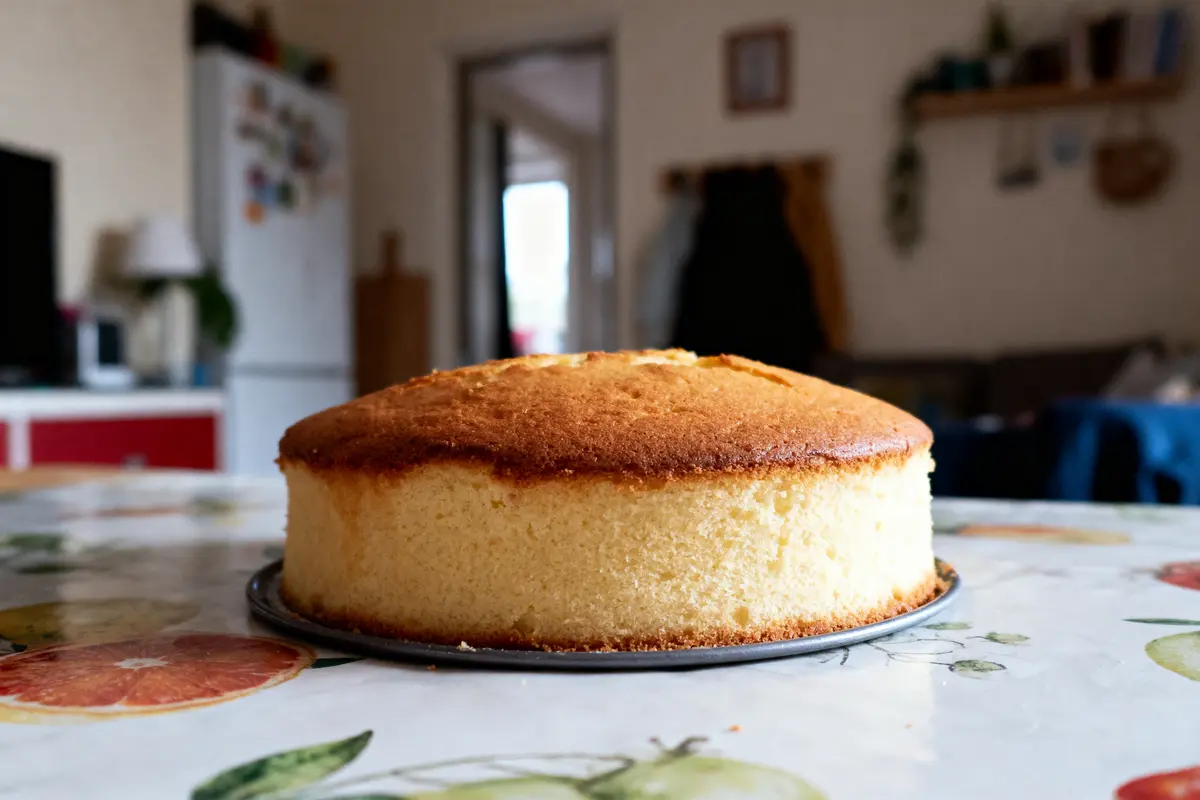 Gâteau rond doré sur une table avec nappe à motifs de fruits, intérieur de cuisine en arrière-plan.