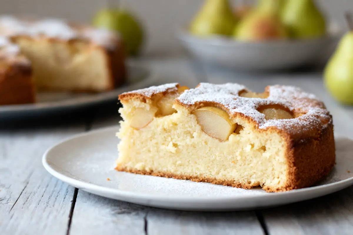 Part de gâteau moelleux aux poires, saupoudrée de sucre glace, sur assiette blanche. Fond flou avec poires entières.