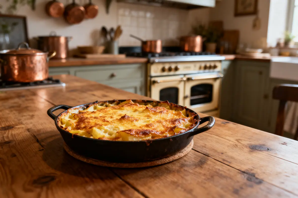 Plat de gratin doré sur table en bois dans une cuisine rustique avec casseroles cuivre.