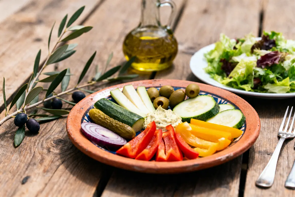 Assiette de légumes frais avec olives, houmous, huile d'olive et salade verte sur table en bois.