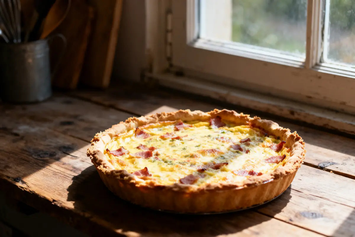 Tarte salée avec lardons et fromage sur table en bois, éclairée par la lumière de la fenêtre.