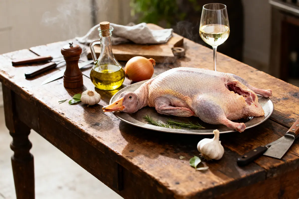 Canard cru sur plateau avec herbes, ail, huile d'olive, verre de vin sur table en bois.
