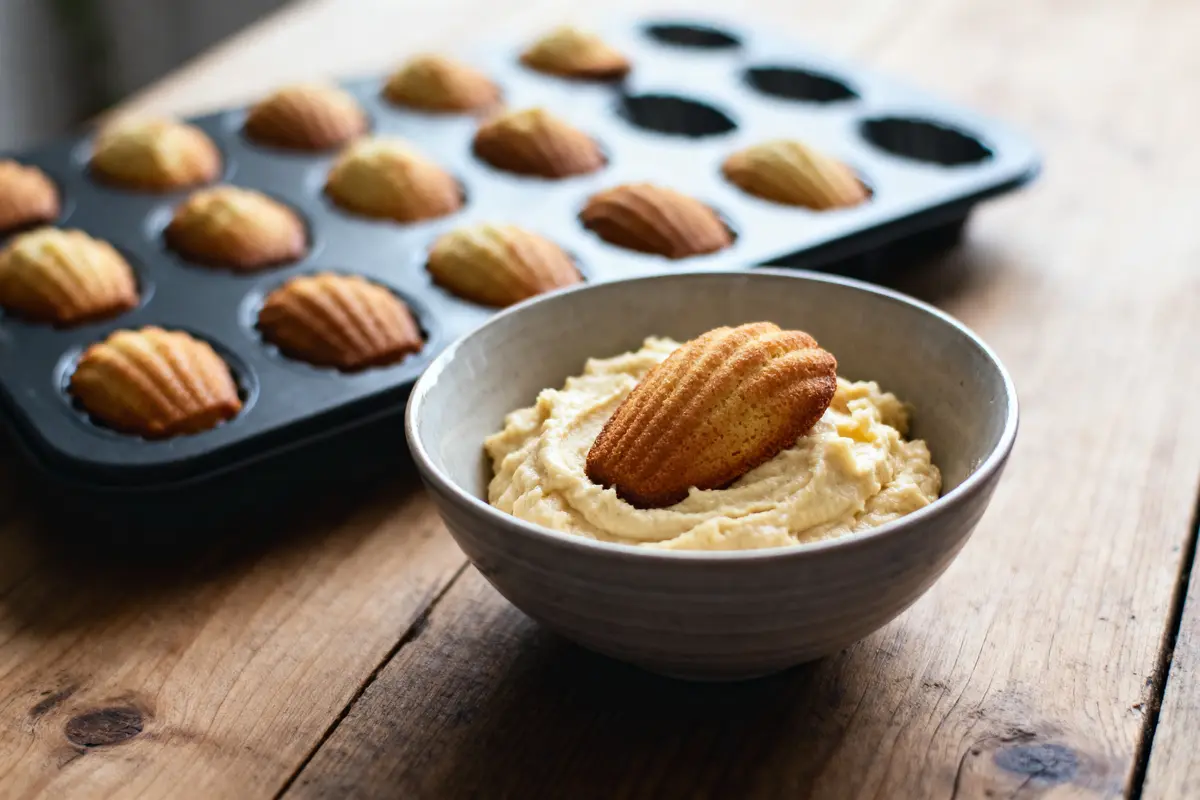Bol de pâte à madeleine et madeleines cuites dans un moule, sur table en bois.