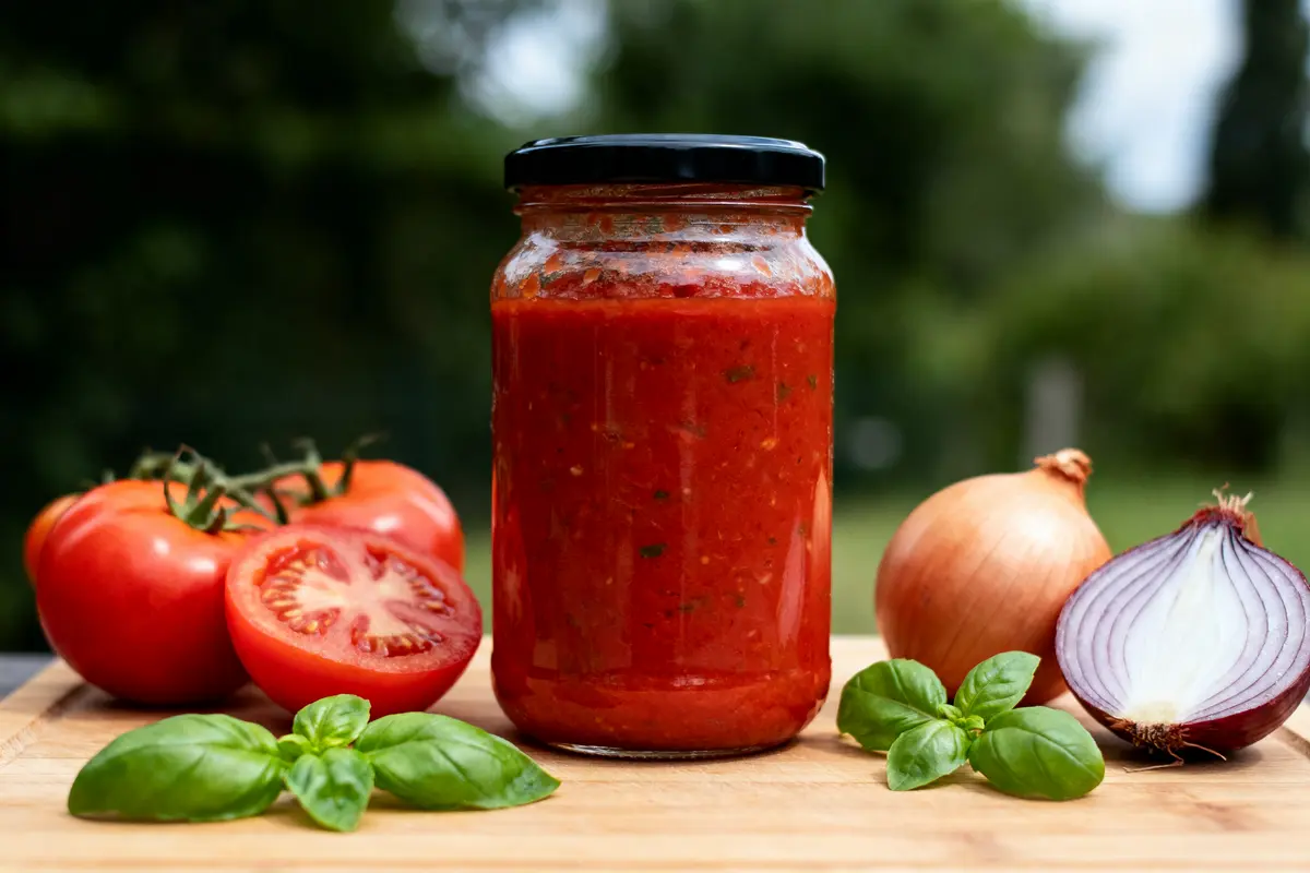 Bocal de sauce tomate, entouré de tomates, oignon, basilic sur une planche en bois. Fond flou extérieur.