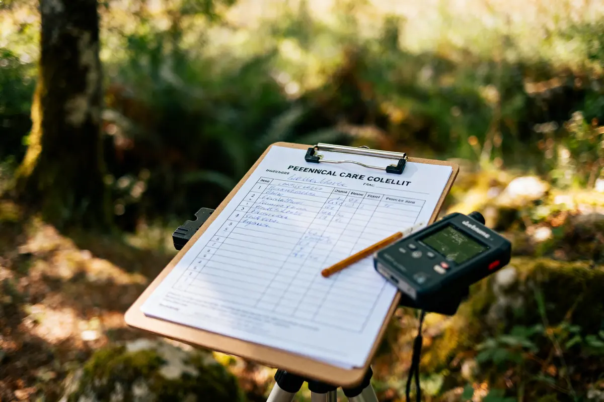 Une planchette avec feuille de notes et appareil électronique en forêt, éclairage ensoleillé.