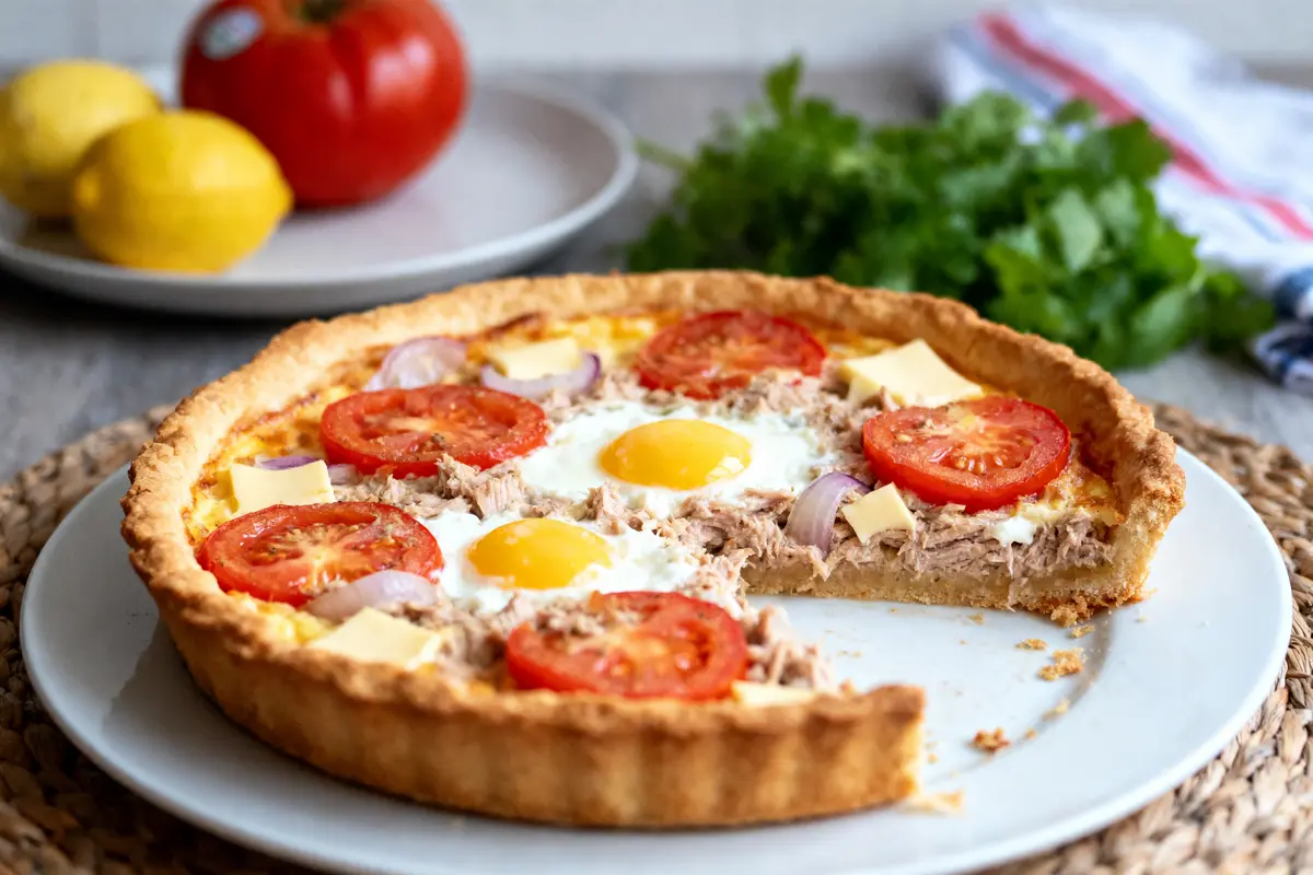 Tarte salée avec tomates, œufs, thon, fromage sur assiette. Citron et tomate en arrière-plan.