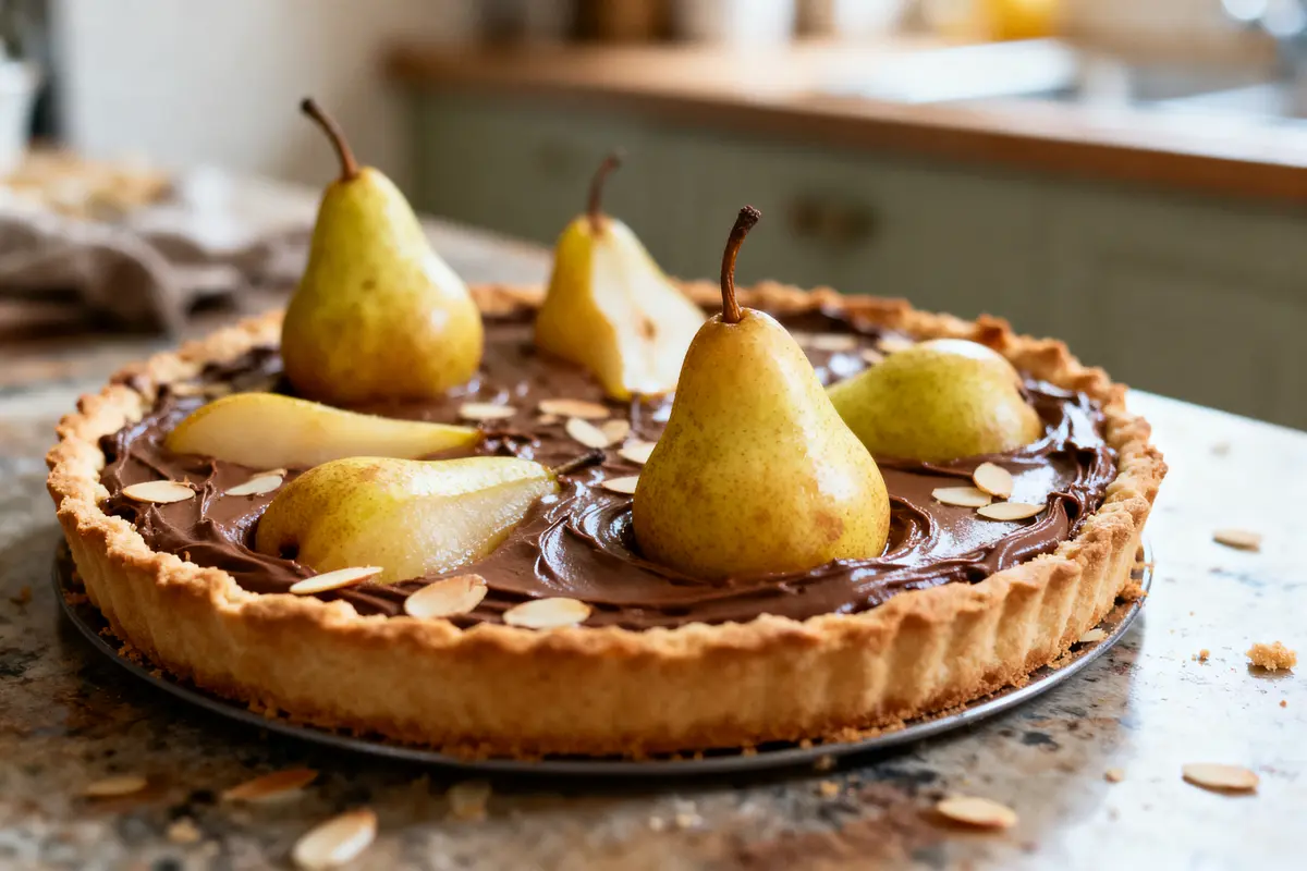 Tarte gourmande avec chocolat, poires entières et amandes effilées, sur une table de cuisine en marbre.