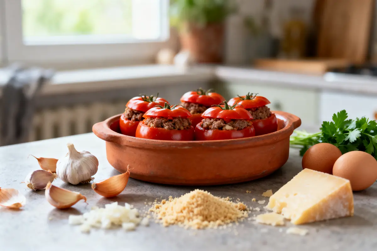 Tomates farcies au four avec viande, entourées d'ingrédients : ail, oignons, fromage, persil, œufs.