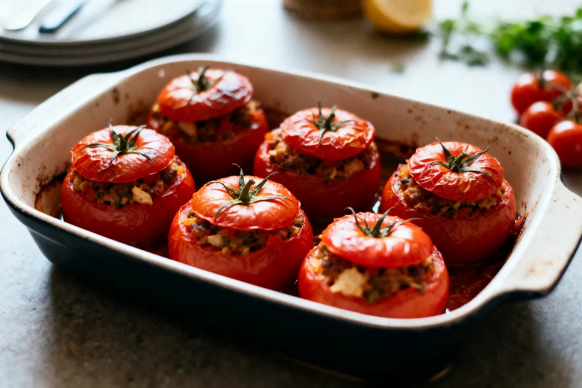 Tomates farcies cuites au four dans un plat rectangulaire, garniture visible, ambiance chaleureuse.