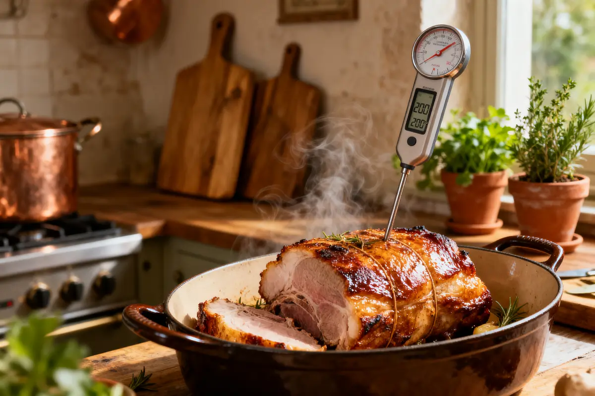 Rôti de porc cuit avec thermomètre, dans cuisine rustique avec plantes et ustensiles en arrière-plan.