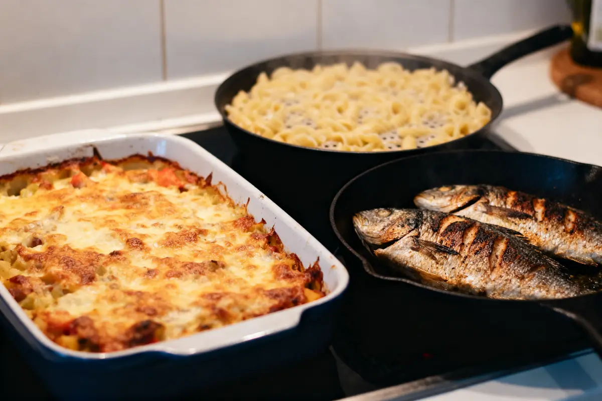 Gratin de pâtes, poisson grillé dans poêle, pâtes bouillonnantes dans l'autre poêle sur la cuisinière.