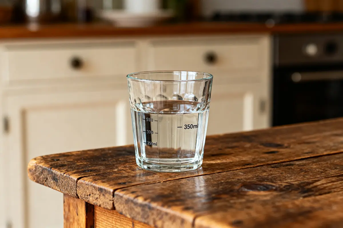 Verre d'eau sur table en bois mesurant précisément 350 ml en cl