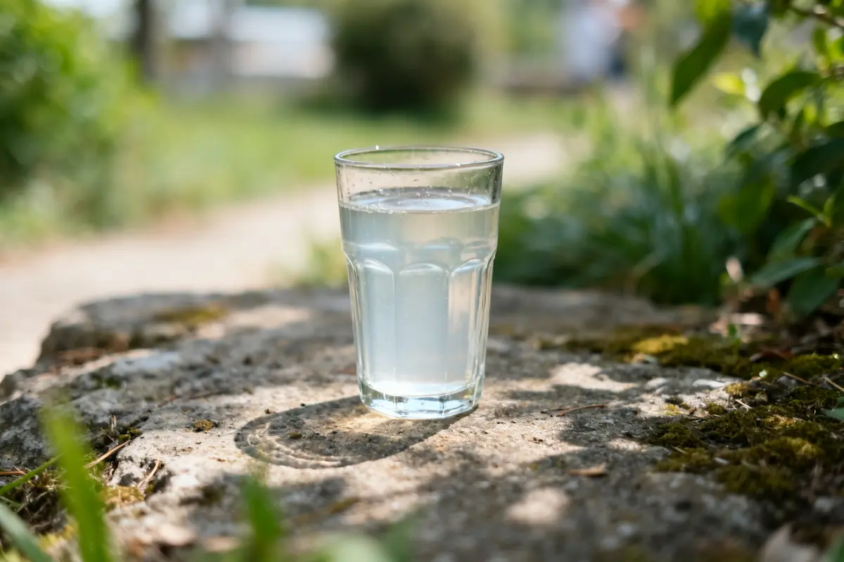 Verre d'eau de 400 ml sur une pierre dans un jardin ensoleillé