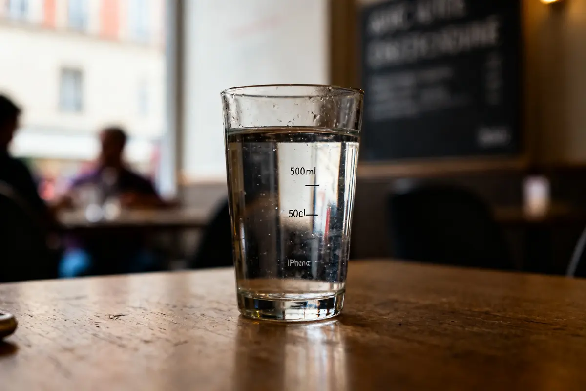 Verre d'eau sur table en bois avec mesure 500 ml en cl visible devant