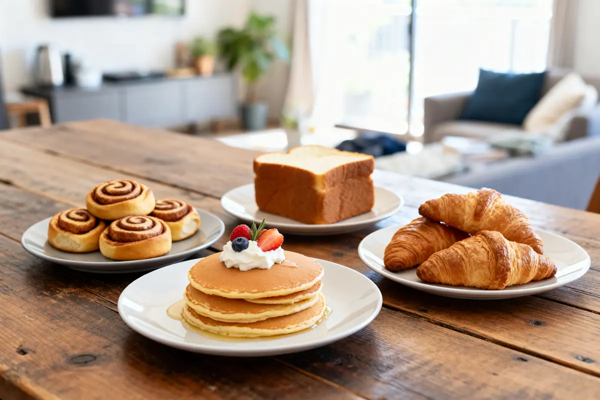 Assortiment de viennoiseries et pancakes sur table pour un brunch maison convivial et délicieux