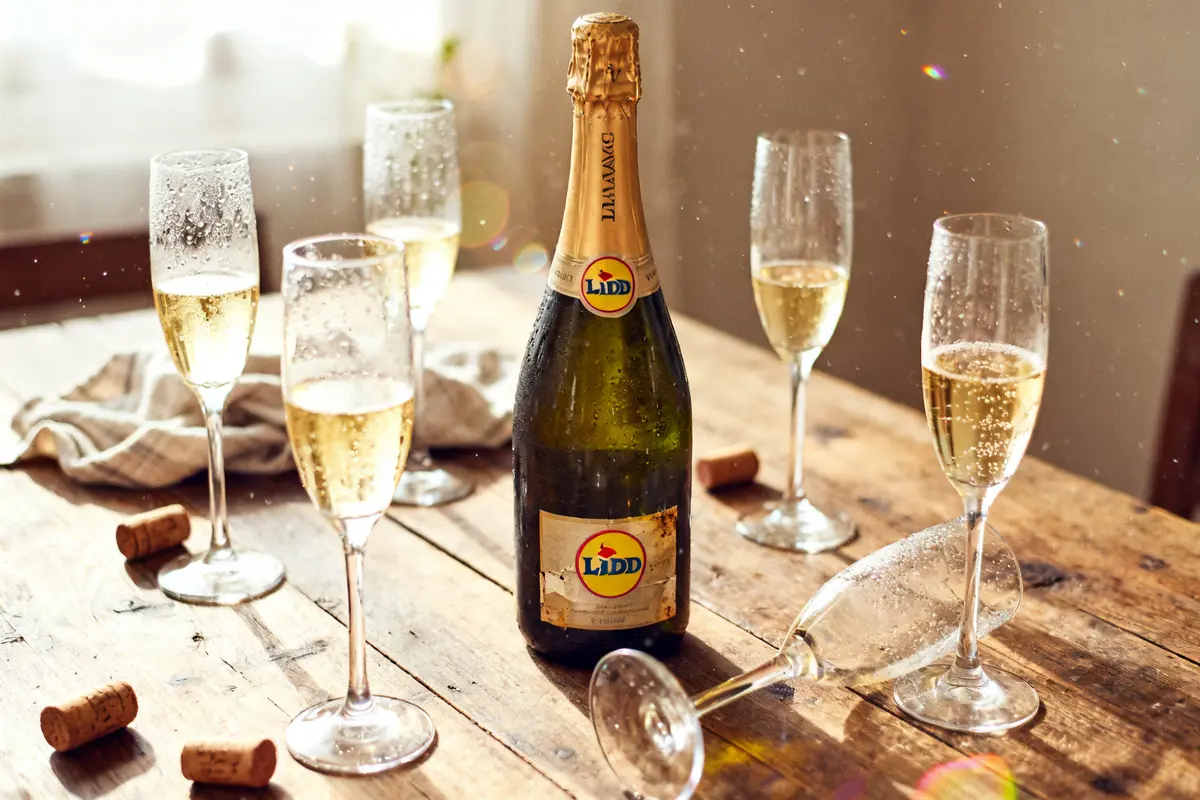 Bouteille de champagne Lidl entourée de coupes sur une table en bois
