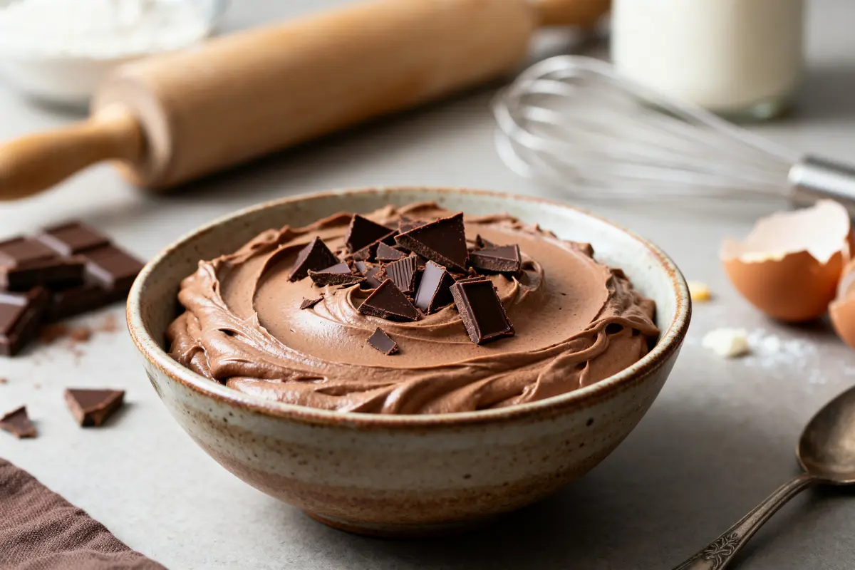 Bol de crème mascarpone chocolat pour génoise garnie de copeaux de chocolat sur table