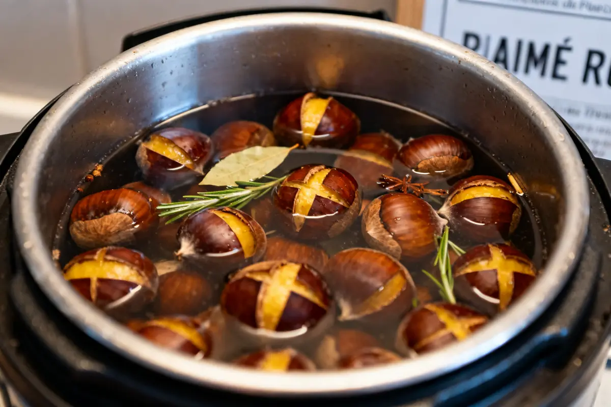 Châtaignes et herbes aromatiques en cuisson des chataignes à l'eau à la cocotte minute
