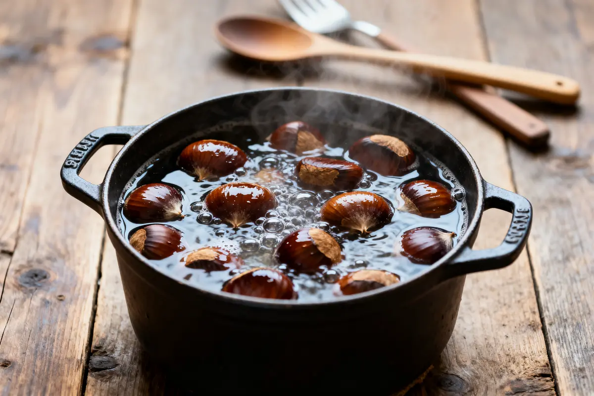 Châtaignes bouillonnant dans une cocotte minute pour la cuisson des châtaignes à l'eau.