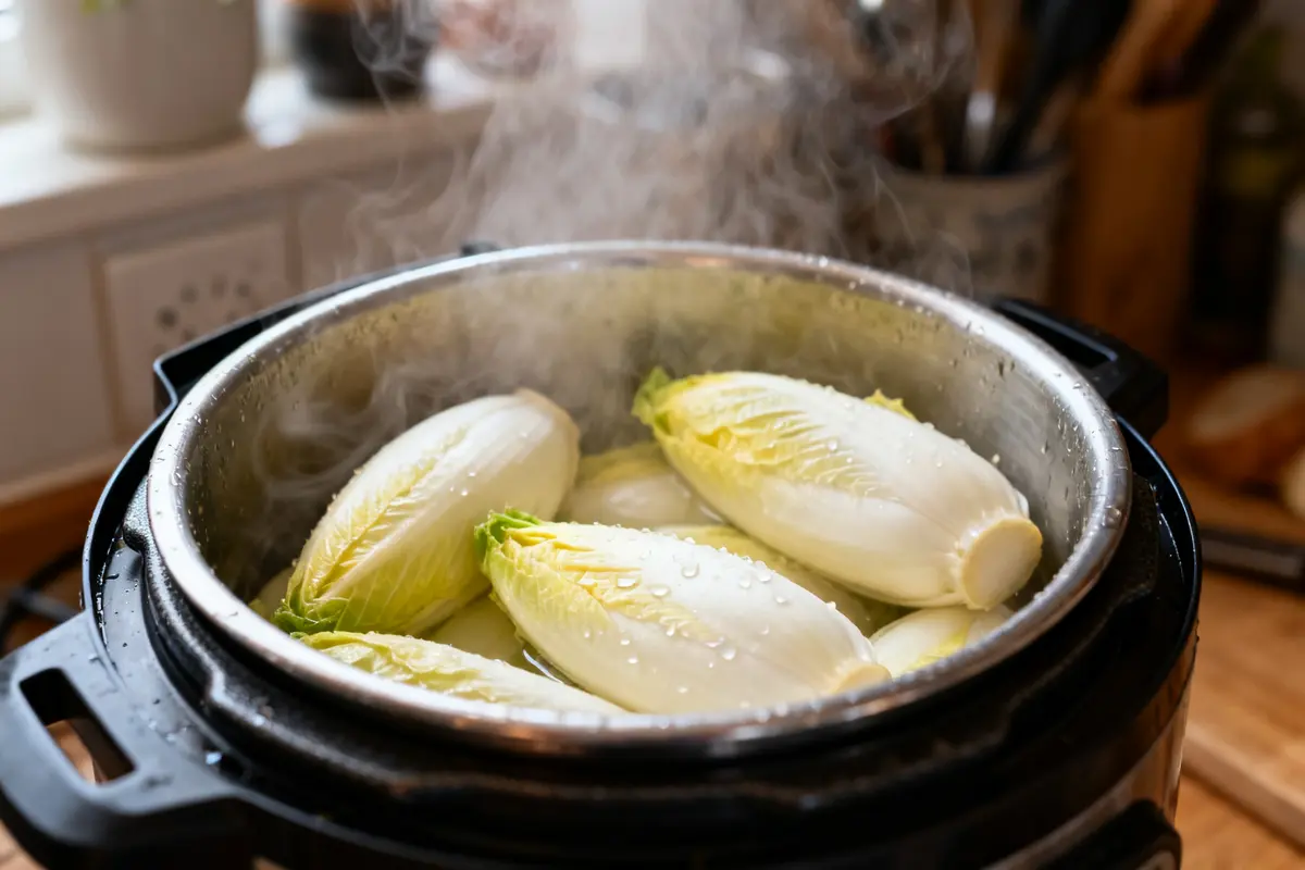 Endives fraîches à la vapeur illustrant la cuisson des endives en cocotte-minute