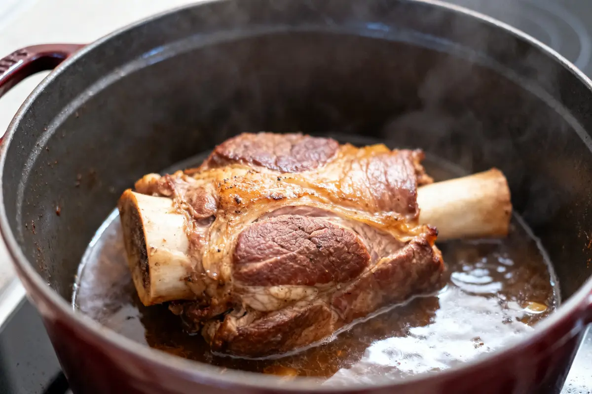 Cuisson du jarret de porc mijotant dans une cocotte en fonte sur feu doux