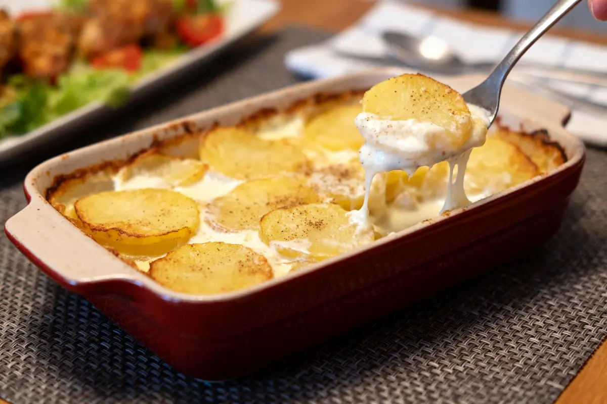 Plat de gratin dauphinois facile avec pommes de terre dorées au four crémeux