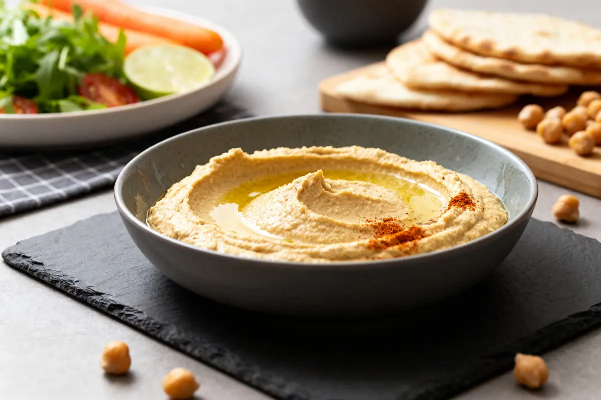 Bol de houmous au Thermomix avec légumes frais et pain pita sur la table