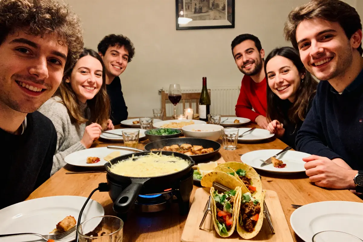 Groupe d’amis partageant une fondue et des tacos idée de repas du 31 décembre