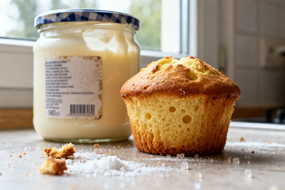 Muffin au yaourt doré avec pot de yaourt en arrière-plan sur une table de cuisine